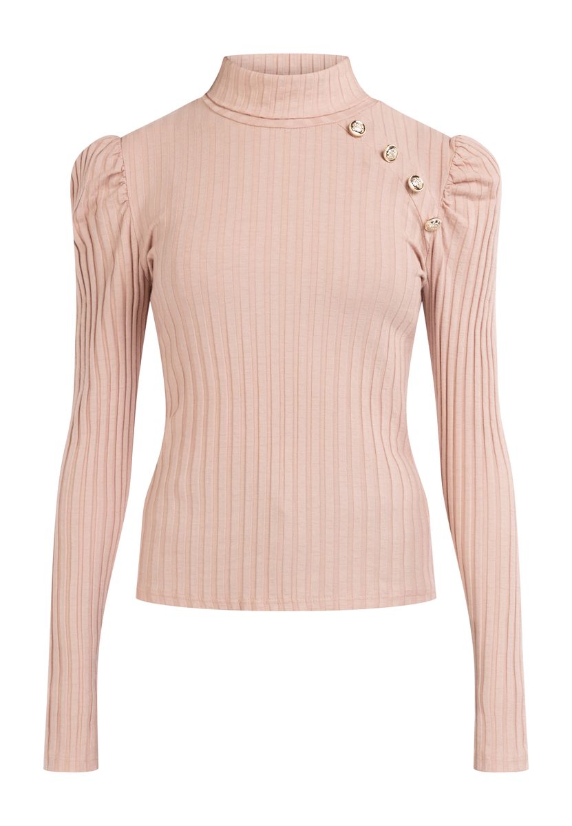 Rollkragenpullover aus Rippstrick mit Puffärmeln