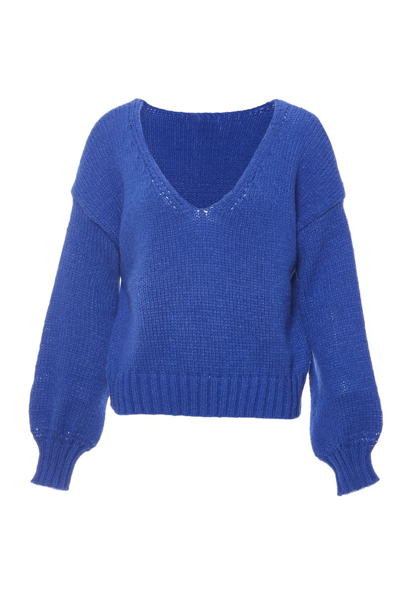 V-Ausschnitt Strickpullover mit Ballonärmeln