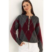 Argyle-Strickpullover mit Henley-Ausschnitt