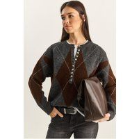 Oversized Argyle-Pullover mit Knopfleiste