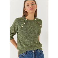 Melierter Strickpullover mit Schulterknöpfen
