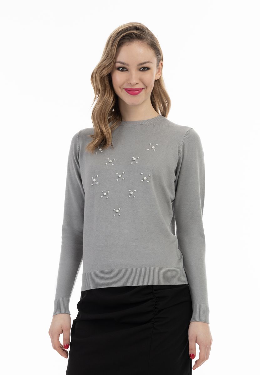 Perlverzierter Rundhals-Strickpullover