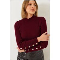 Rippstrick-Stehkragenpullover mit Knopfmanschetten
