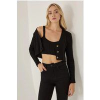 Geripptes Strick-Twinset in Cropped-Optik