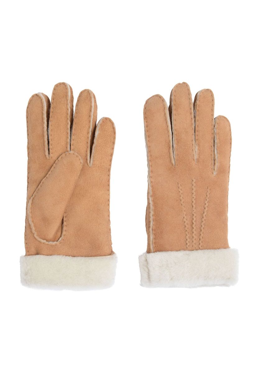 Beige Lederhandschuhe für Damen mit Pelzbesatz