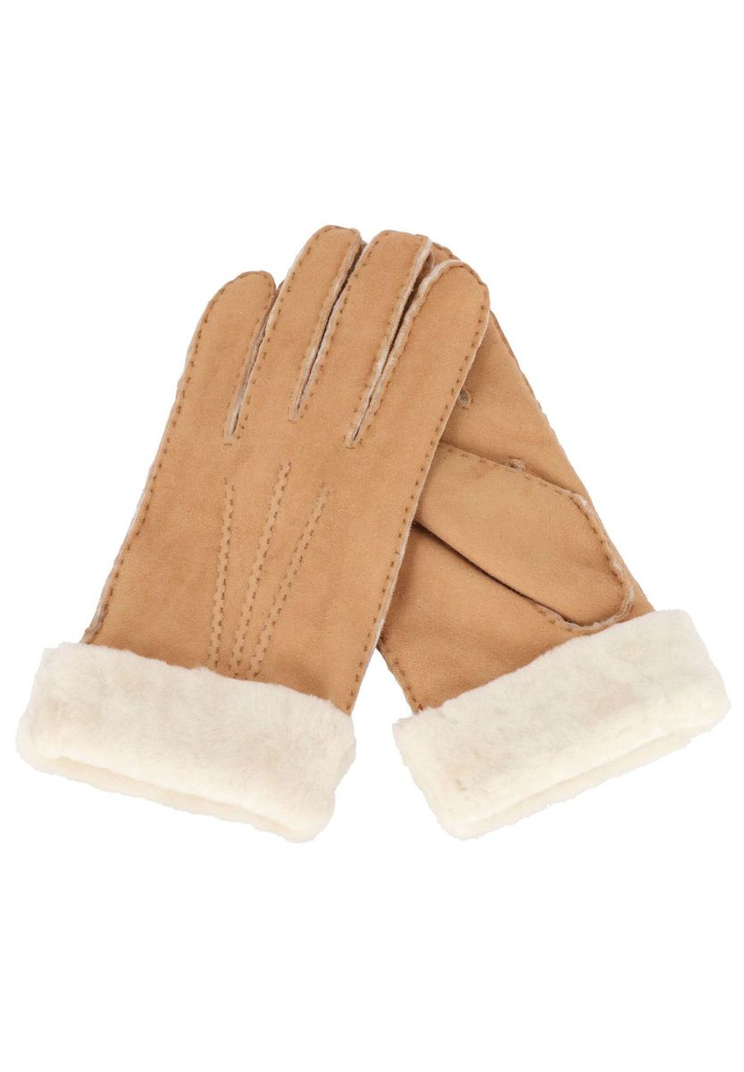 Beige Lederhandschuhe für Damen mit Pelzbesatz