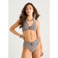 High-Waist-Bikinihose mit Gingham-Seersucker