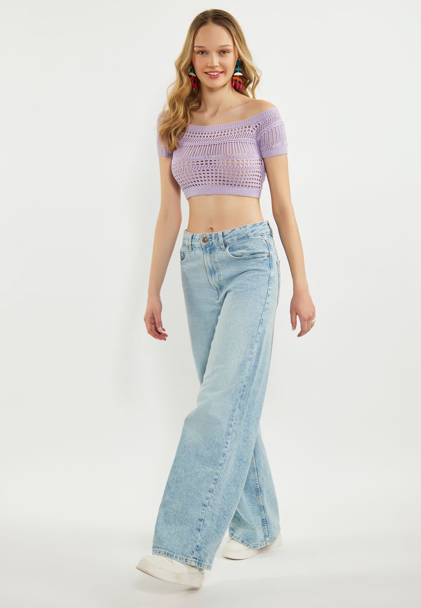 Schulterfreies Pointelle-Strick-Crop-Top