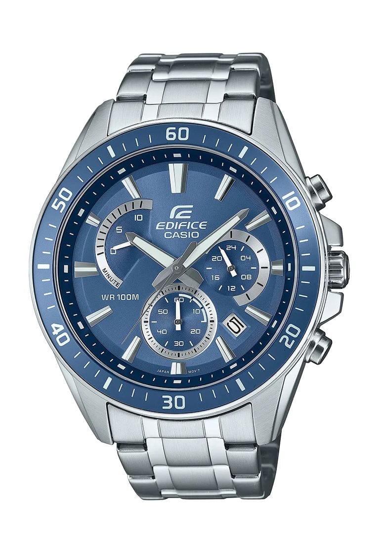 Blaues Zifferblatt Silberner Edelstahl Chronograph