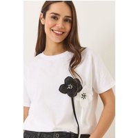 Baumwoll-T-Shirt mit 3D-Blumenapplikationen