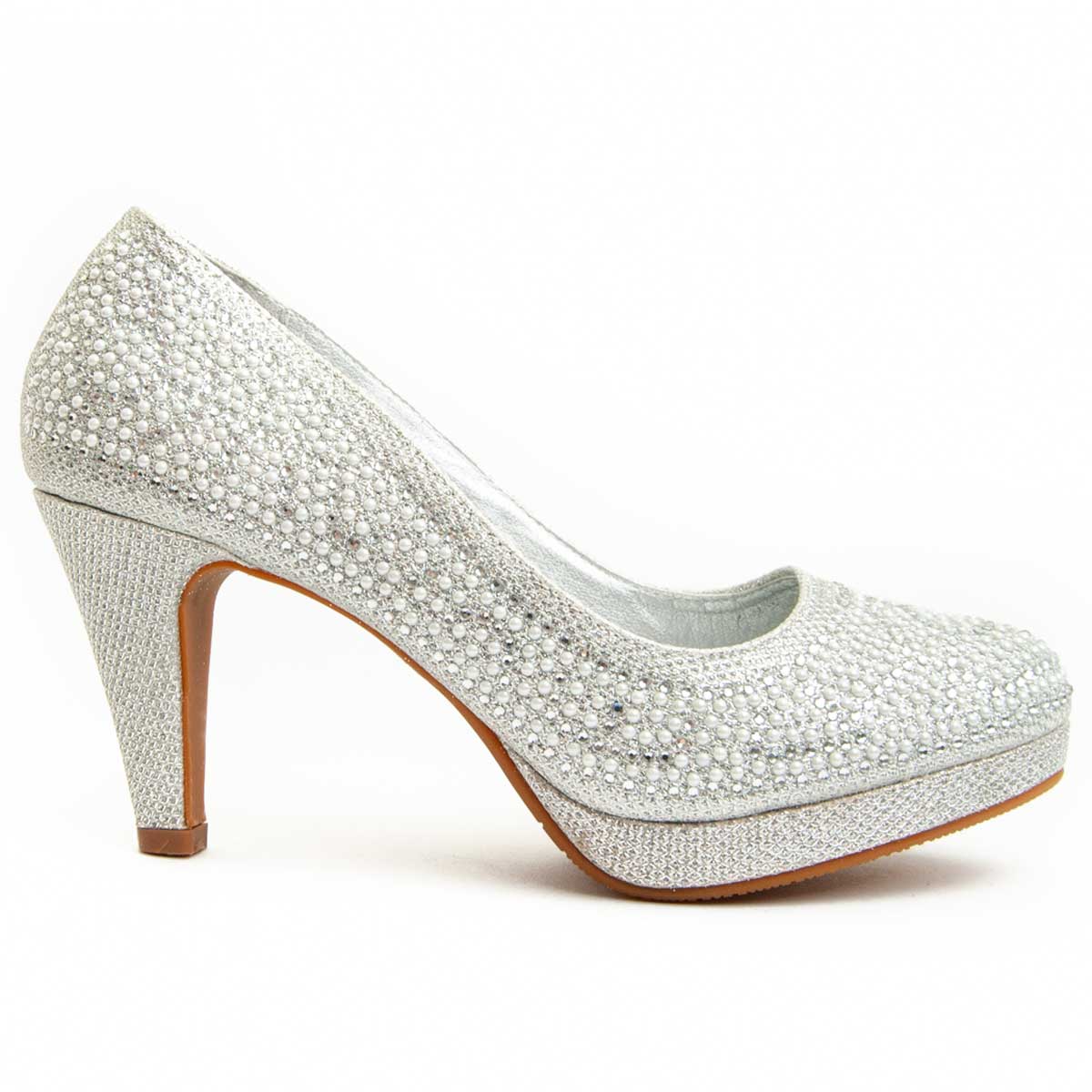 Schimmernde Pumps mit Perlenbesatz
