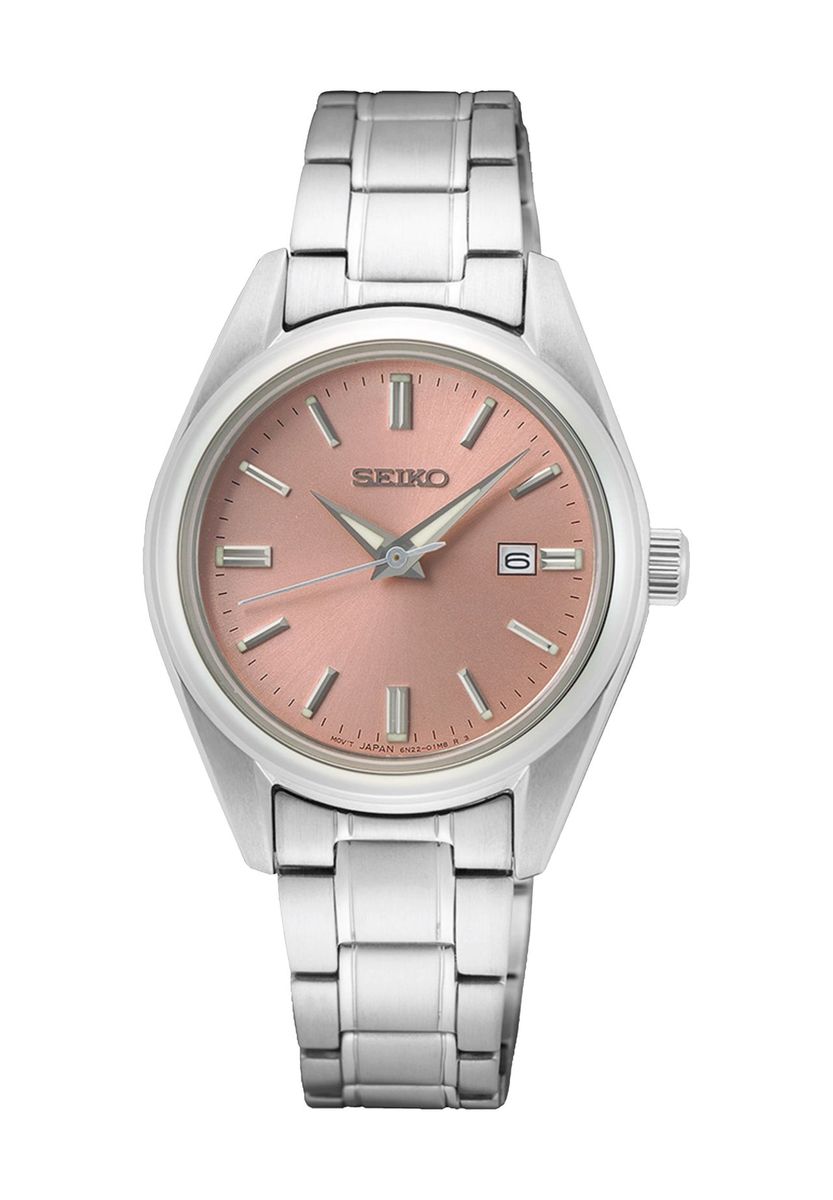 Silberne und rosa analoge Quarzuhr