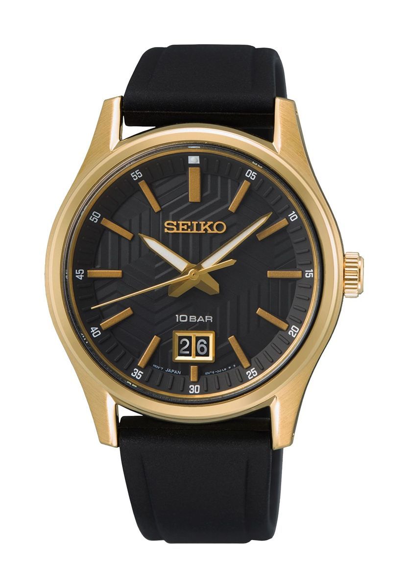 Goldfarbene Uhr mit schwarzem Zifferblatt und Datum