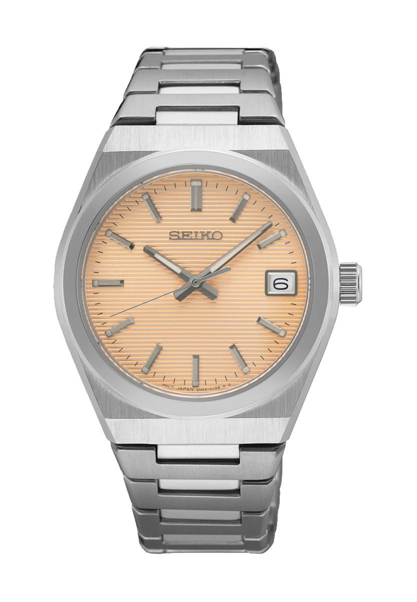 Elegante Edelstahluhr mit pfirsichfarbenem Zifferblatt