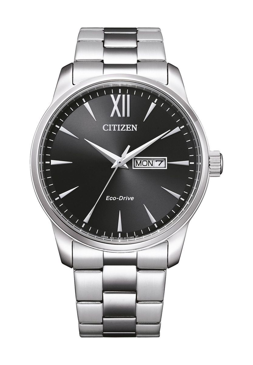 Elegante silberfarbene Eco-Drive Uhr