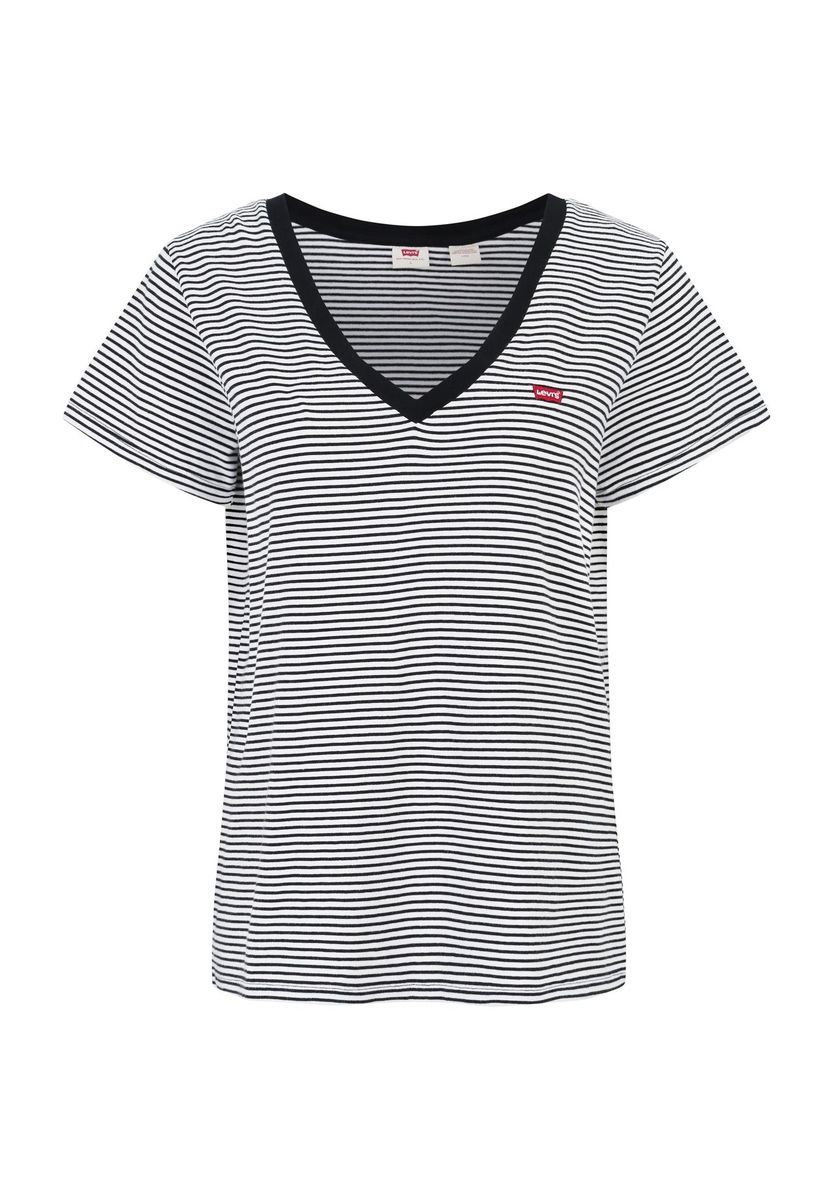 Gestreiftes V-Ausschnitt T-Shirt mit Logo