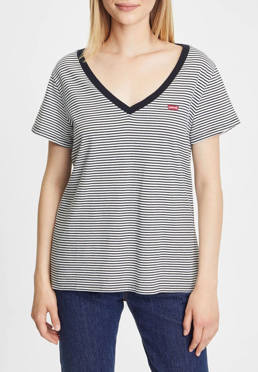 Gestreiftes V-Ausschnitt T-Shirt mit Logo