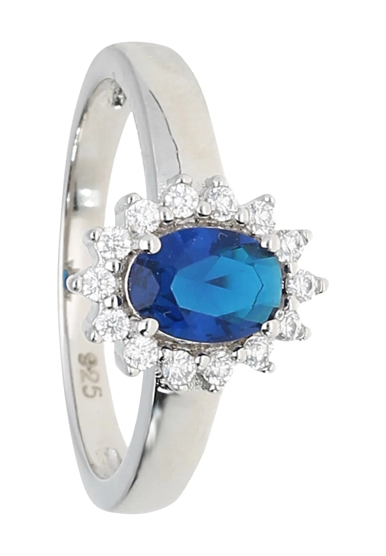 Eleganter Halo-Ring mit blauem Kristall