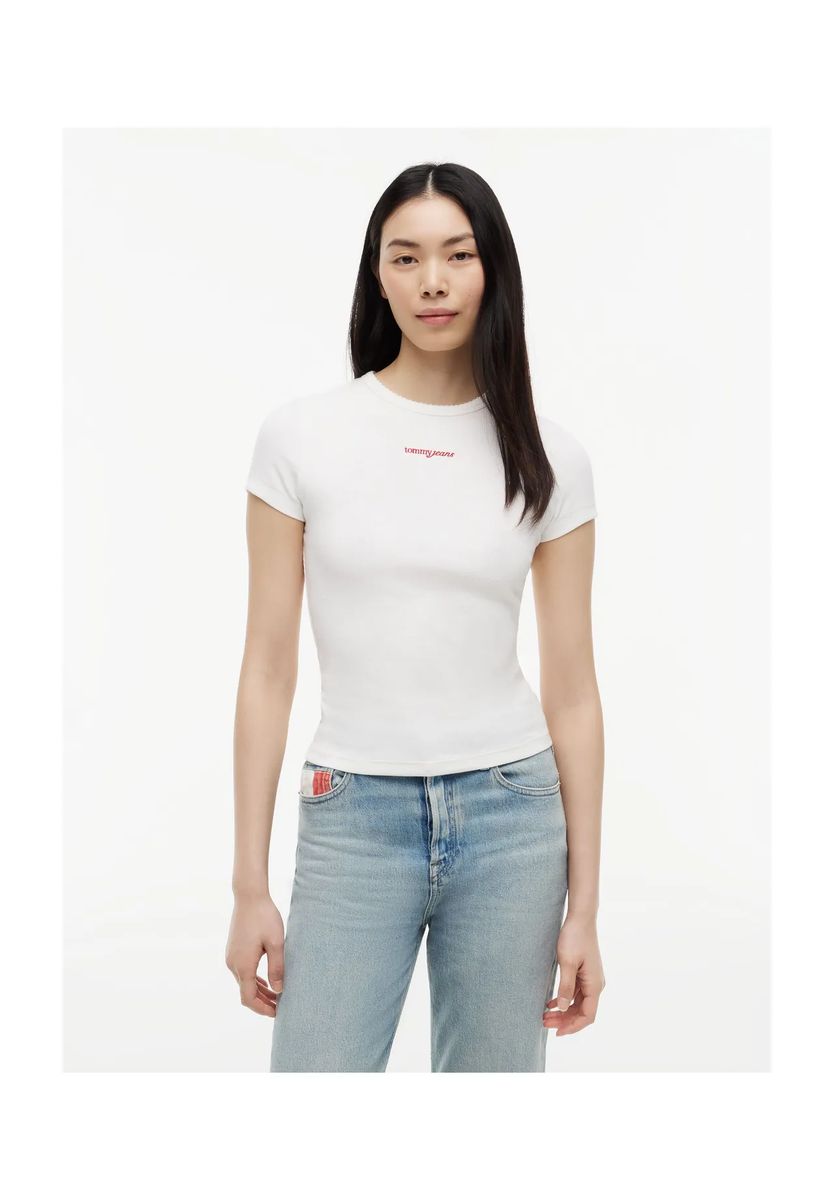 Geripptes T-Shirt mit Logo-Stickerei