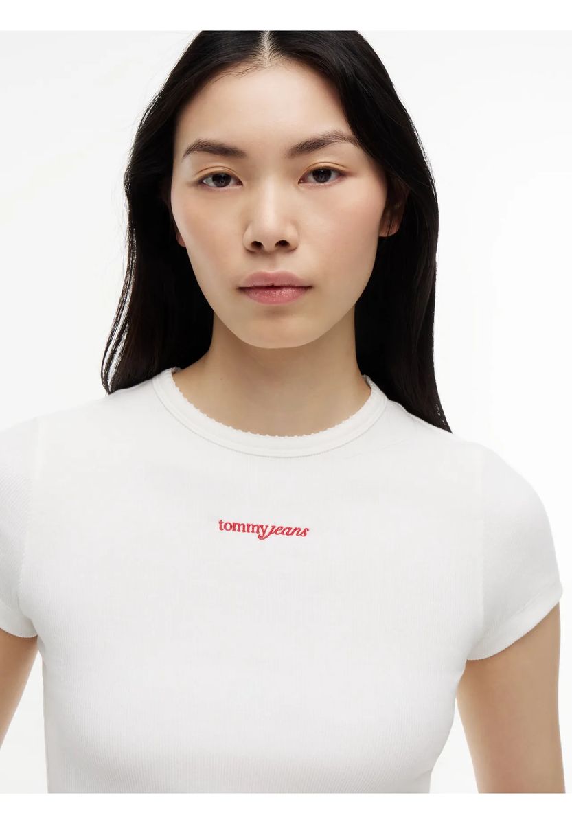 Geripptes T-Shirt mit Logo-Stickerei