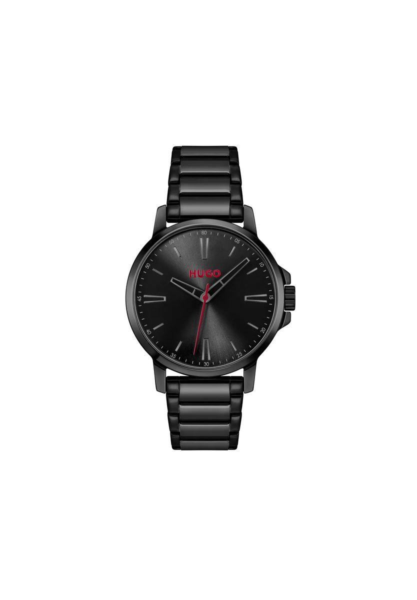 Komplett schwarze Armbanduhr mit roten Akzenten