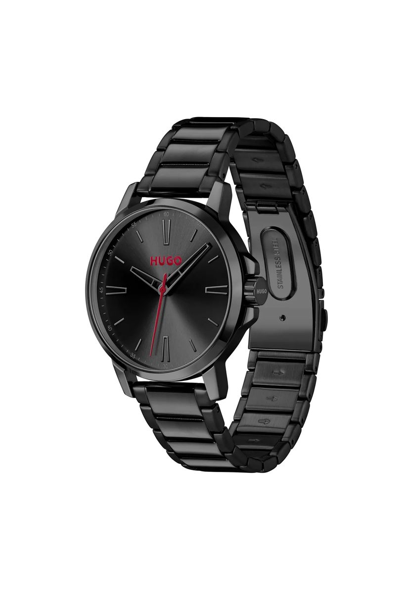 Komplett schwarze Armbanduhr mit roten Akzenten