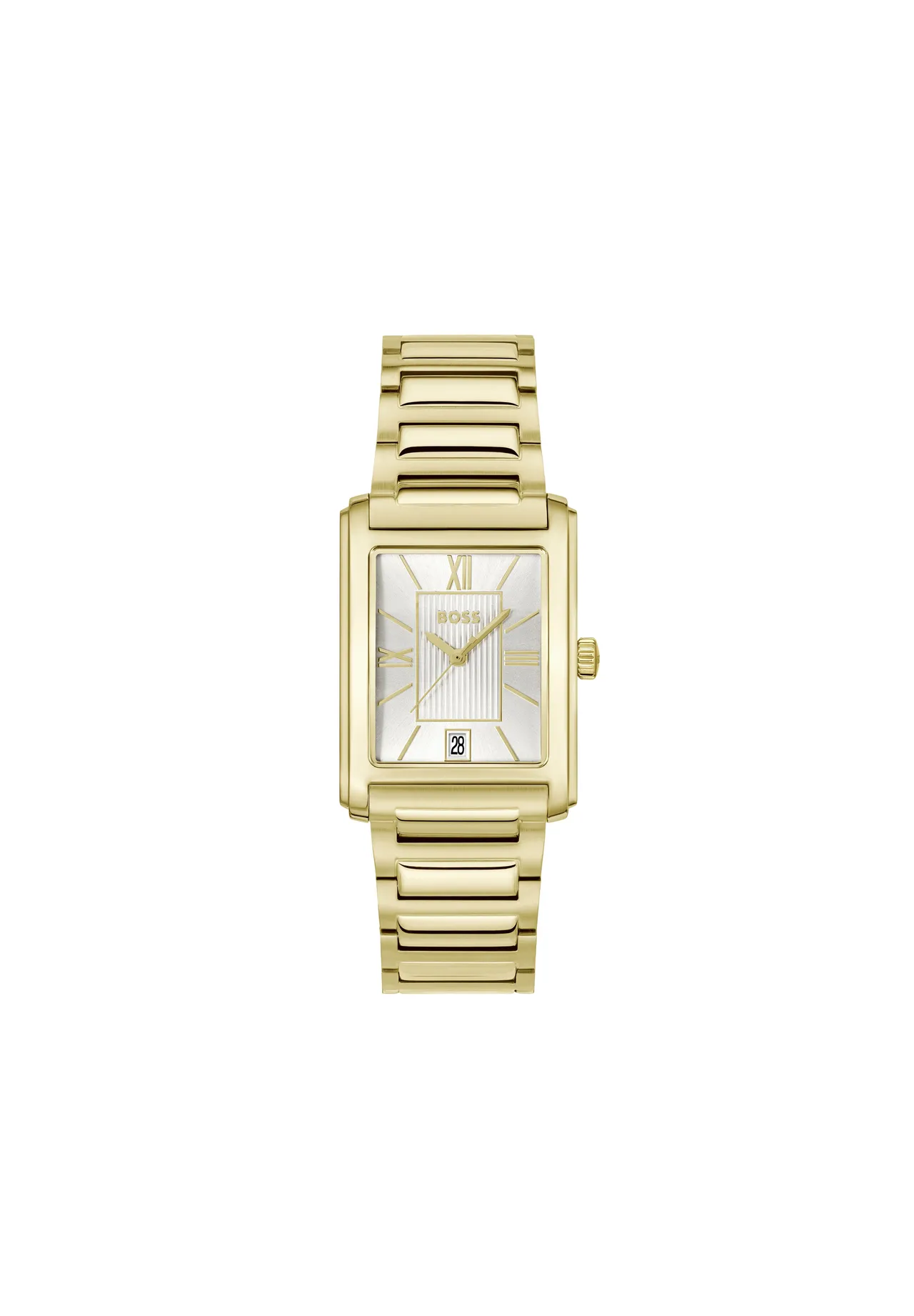 Rechteckige goldfarbene Armbanduhr