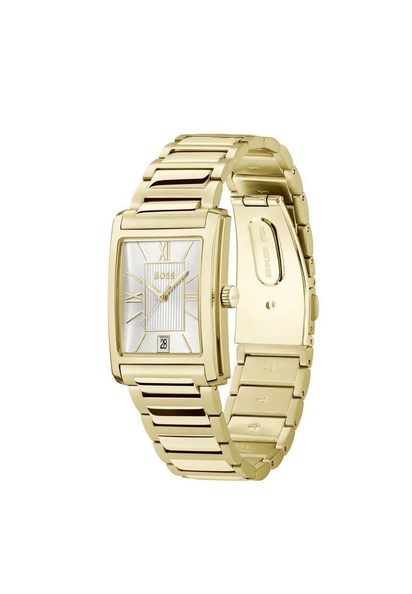 Rechteckige goldfarbene Armbanduhr