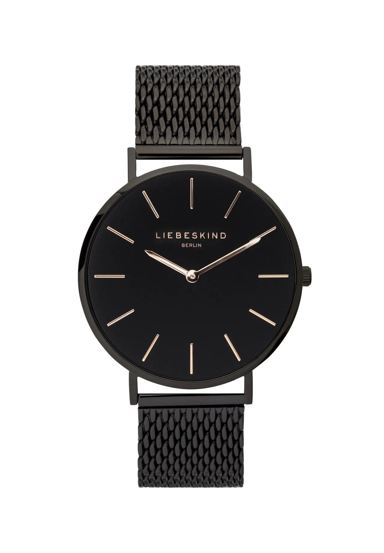 Minimalistische mattschwarze Uhr mit Meshband