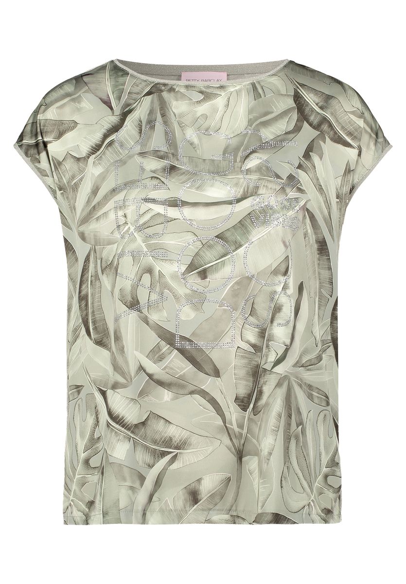 Blusenshirt mit tropischem Blätterdruck und Strass