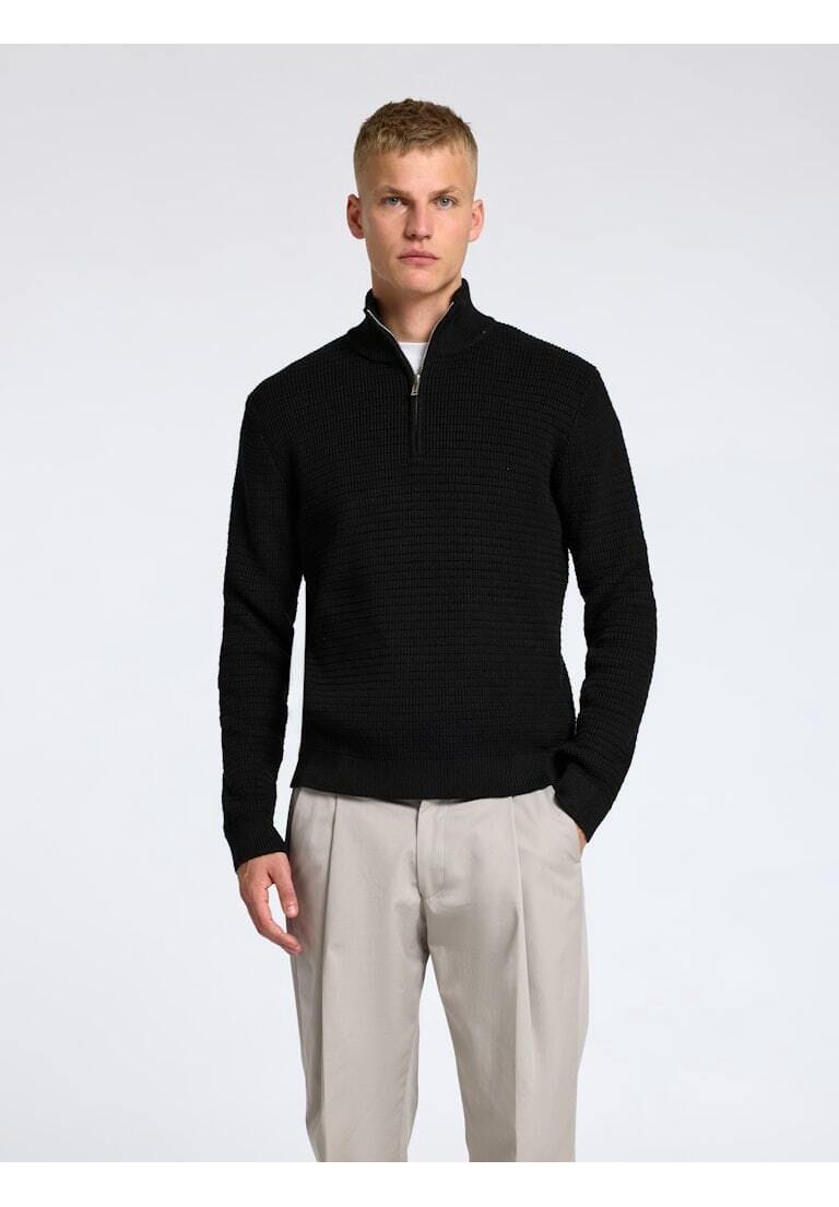 Strukturierter Baumwollpullover mit halbem Reißverschluss