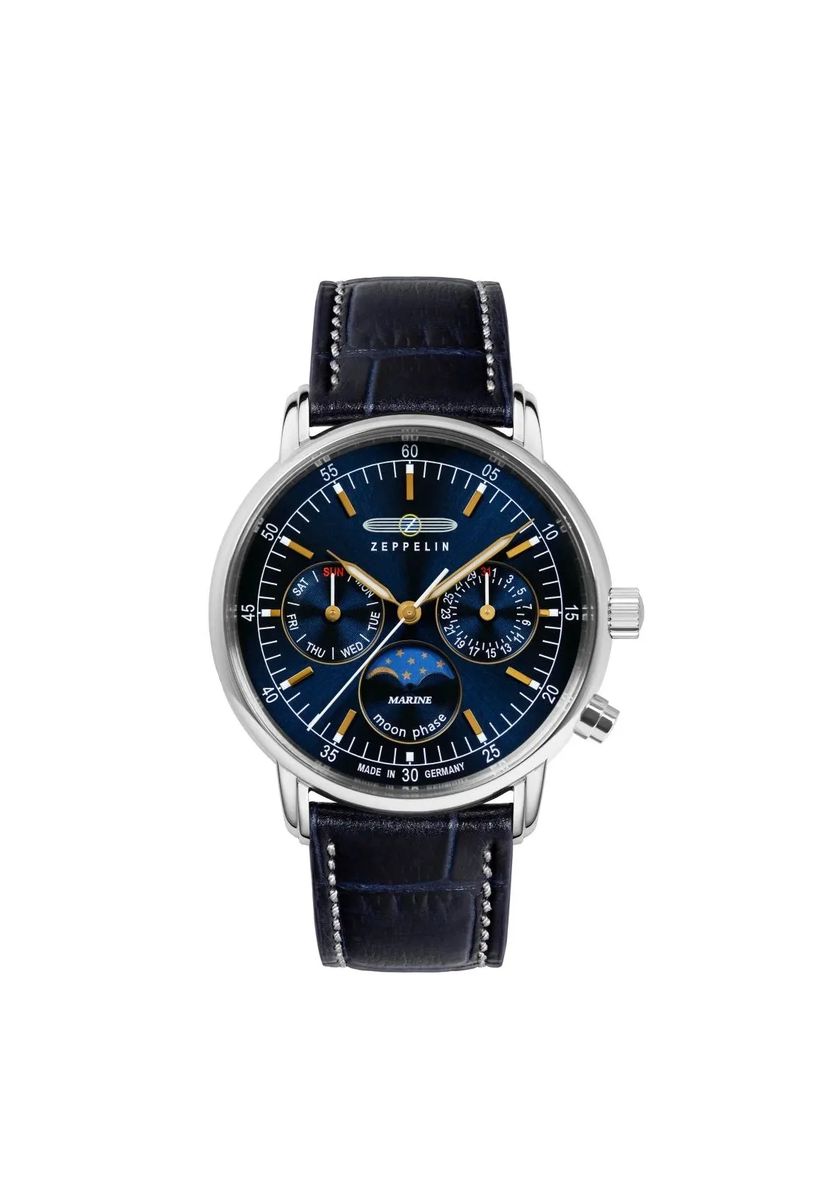 Marine-Armbanduhr mit Mondphase und Lederband