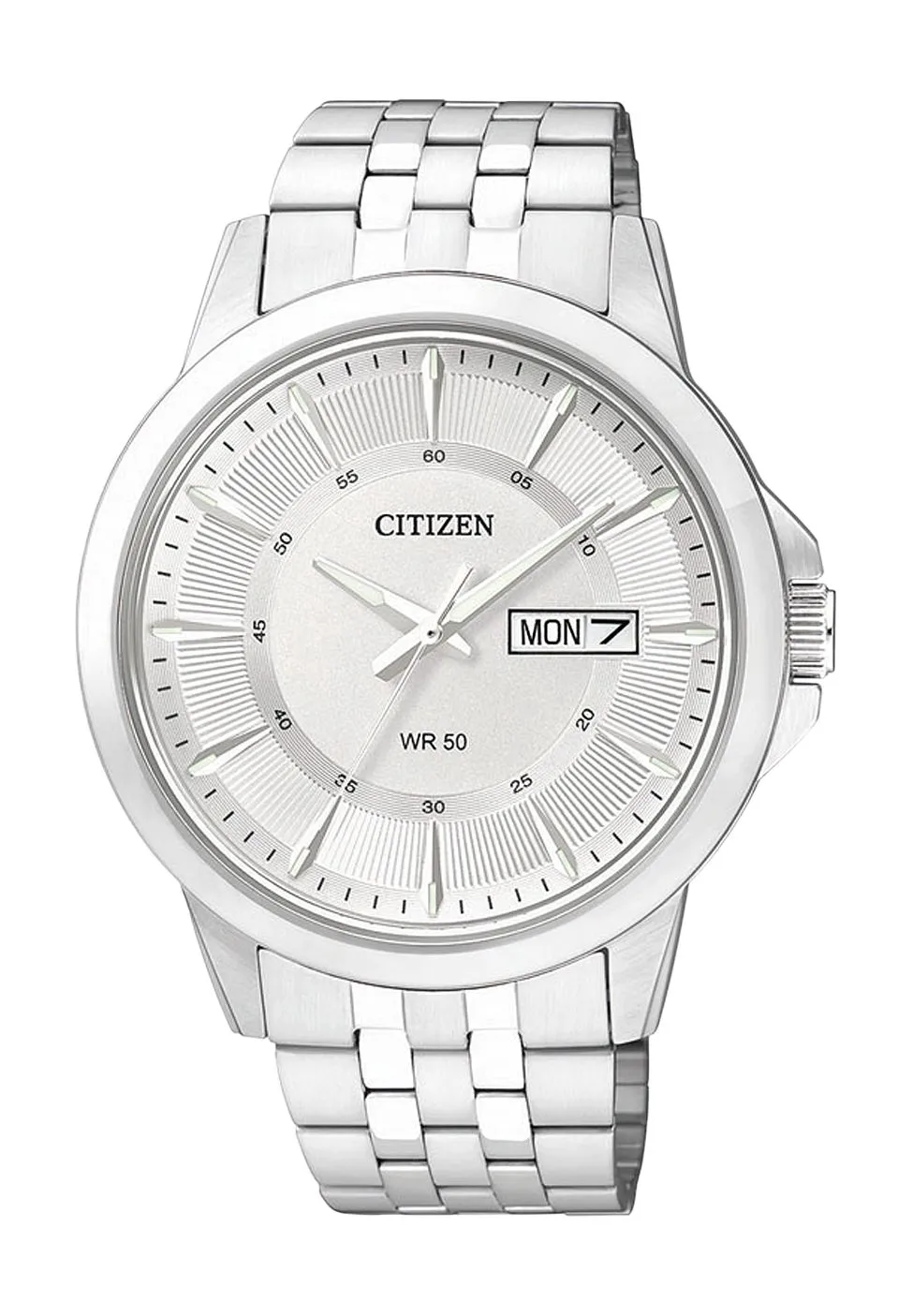 Elegante silberne Armbanduhr mit Wochentagsanzeige