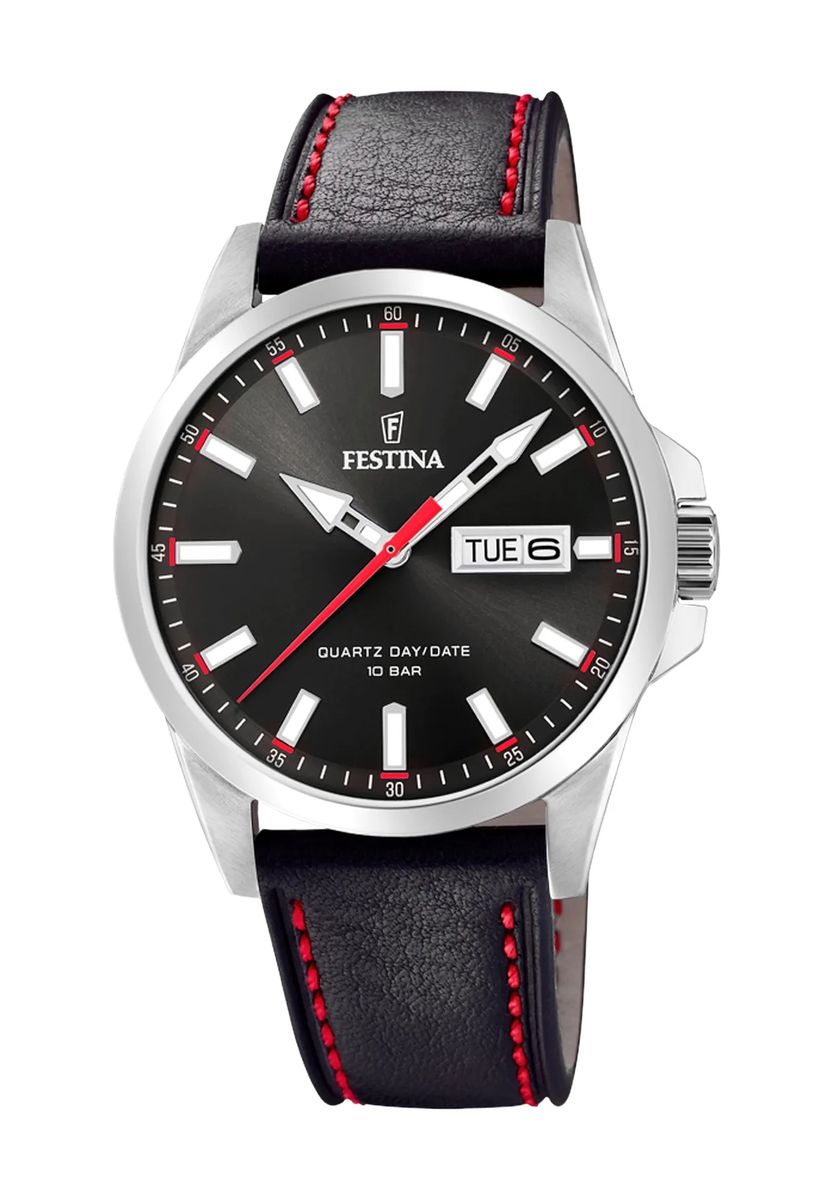 Tag-Datum-Uhr mit gestepptem Lederarmband