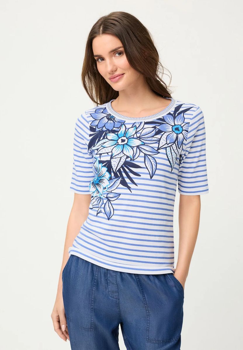 Gestreiftes Baumwolltop mit Blumenmuster
