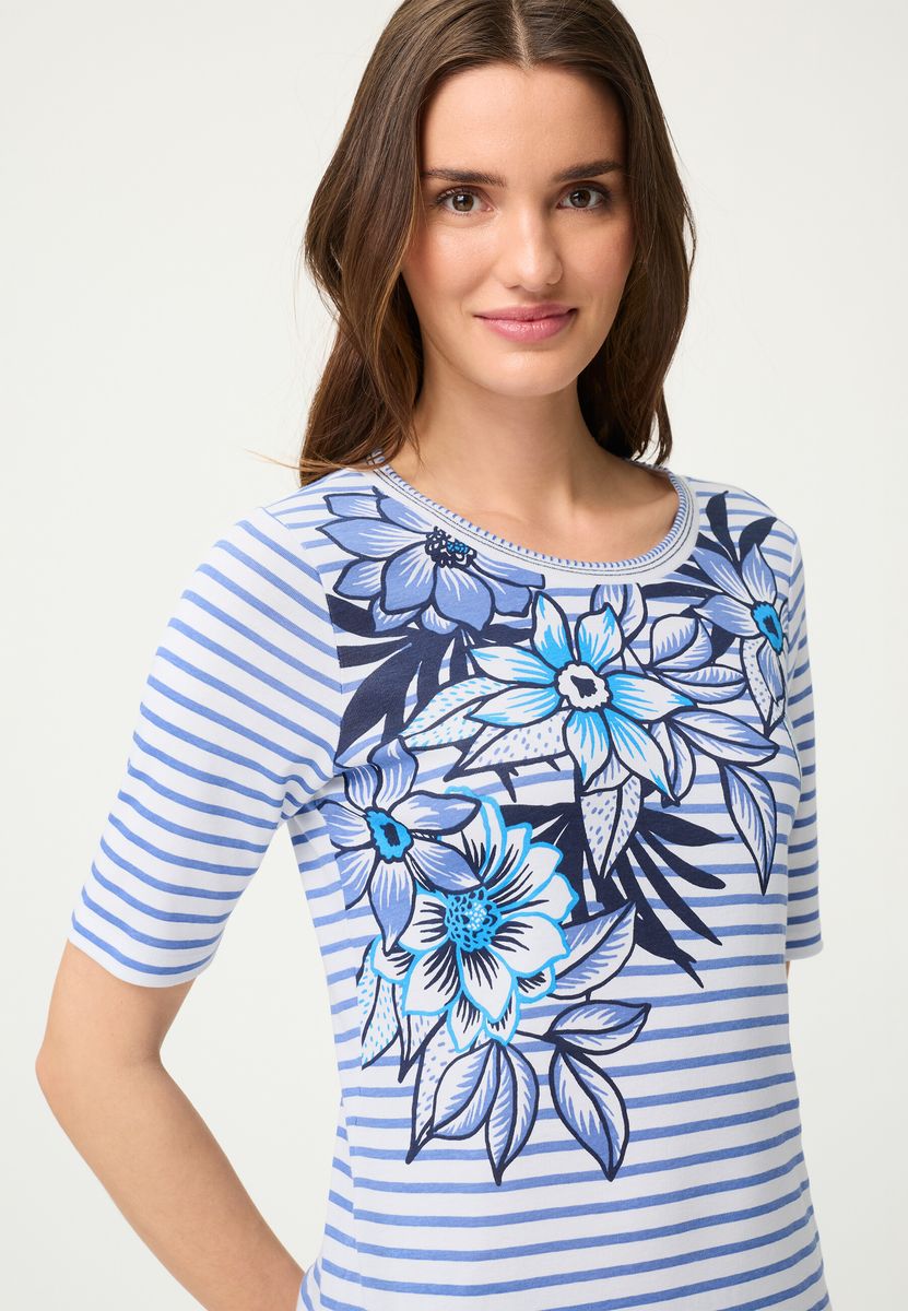 Gestreiftes Baumwolltop mit Blumenmuster