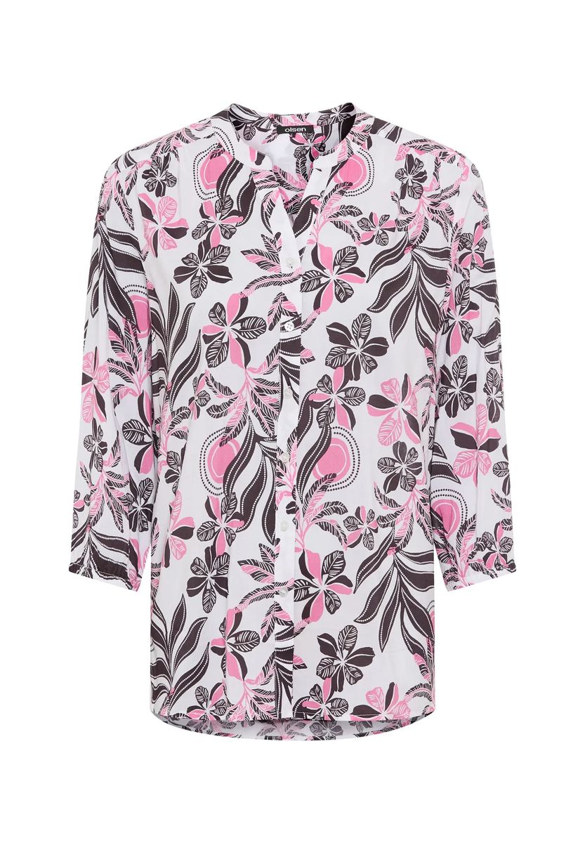 Blumige Popeline-Bluse mit Tunika-Ausschnitt