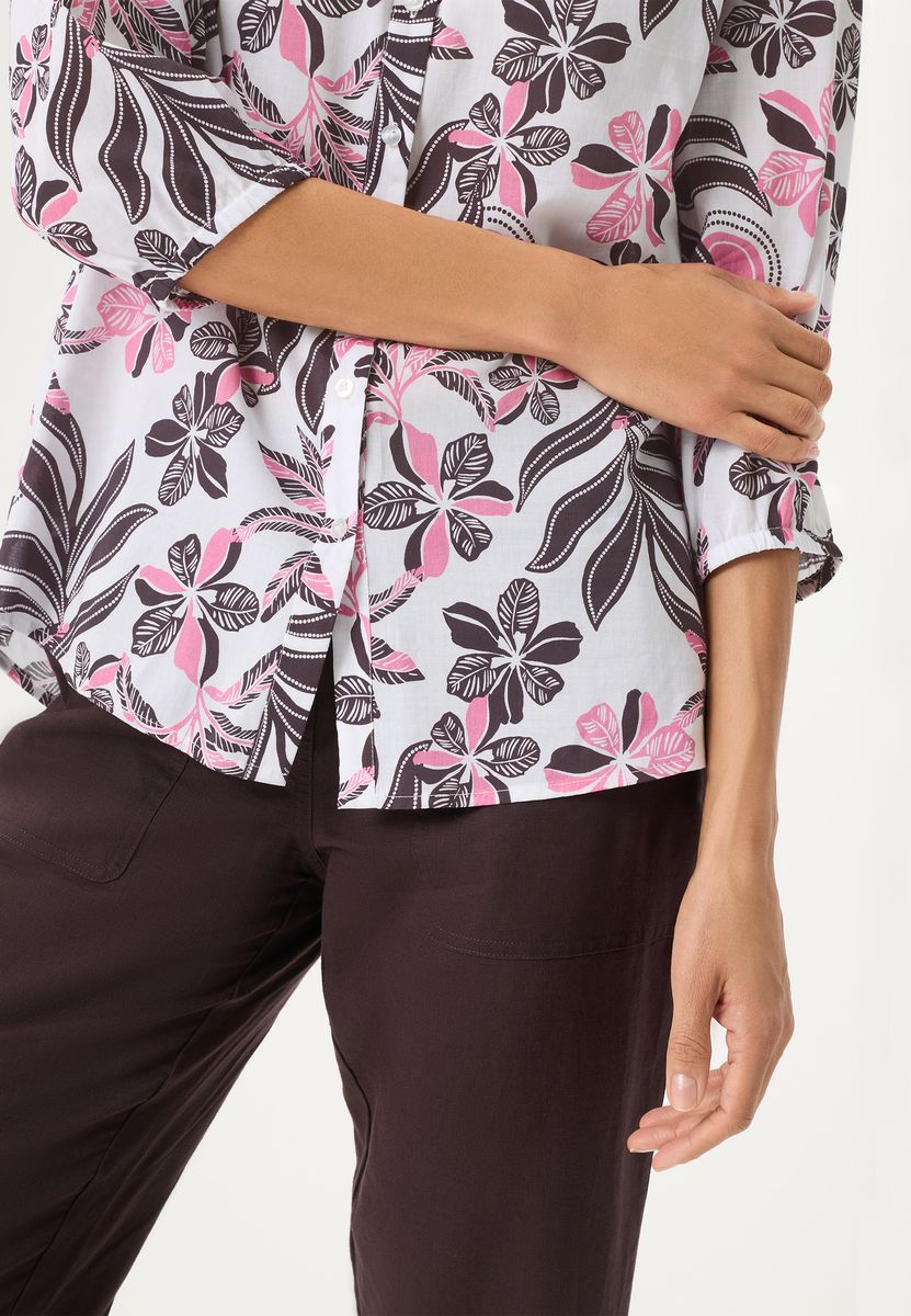 Blumige Popeline-Bluse mit Tunika-Ausschnitt