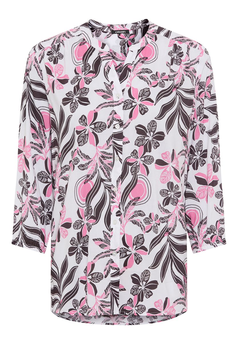 Blumige Popeline-Bluse mit Tunika-Ausschnitt