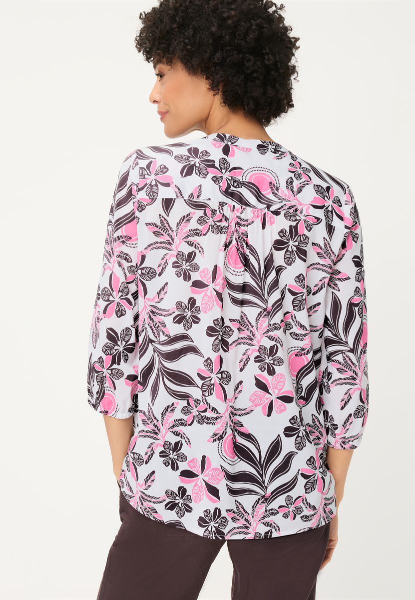 Blumige Popeline-Bluse mit Tunika-Ausschnitt