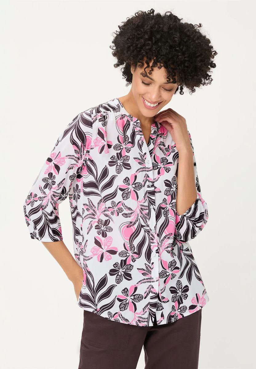 Blumige Popeline-Bluse mit Tunika-Ausschnitt
