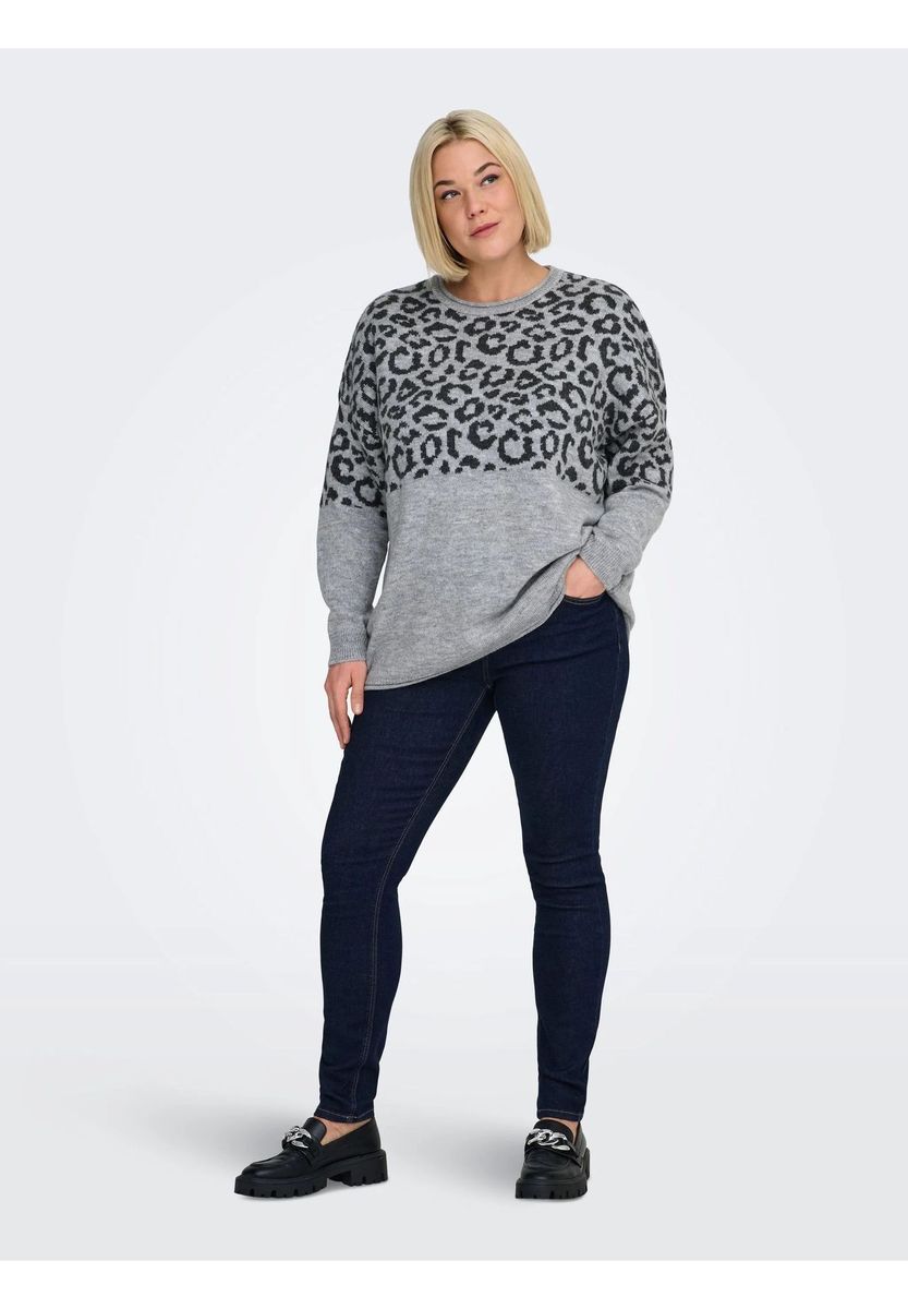 Grauer Strickpullover mit Leopardenmuster