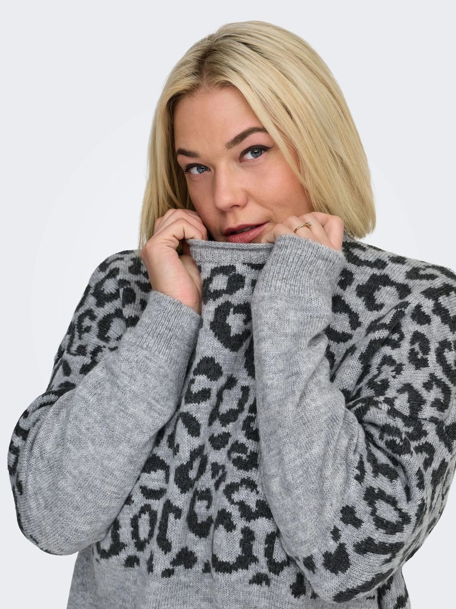 Grauer Strickpullover mit Leopardenmuster