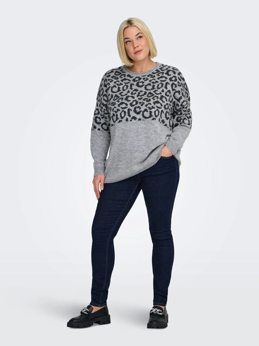 Grauer Strickpullover mit Leopardenmuster