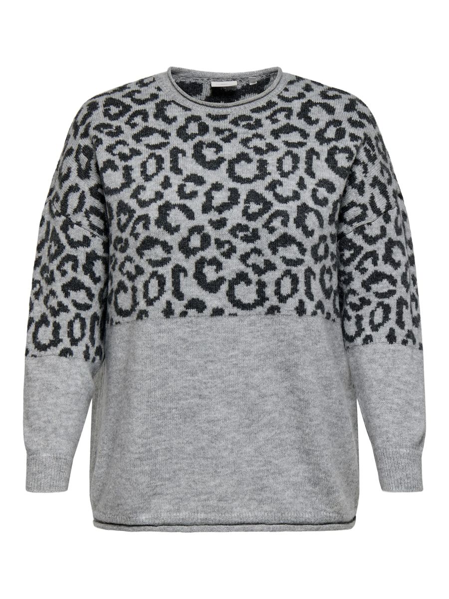 Grauer Strickpullover mit Leopardenmuster