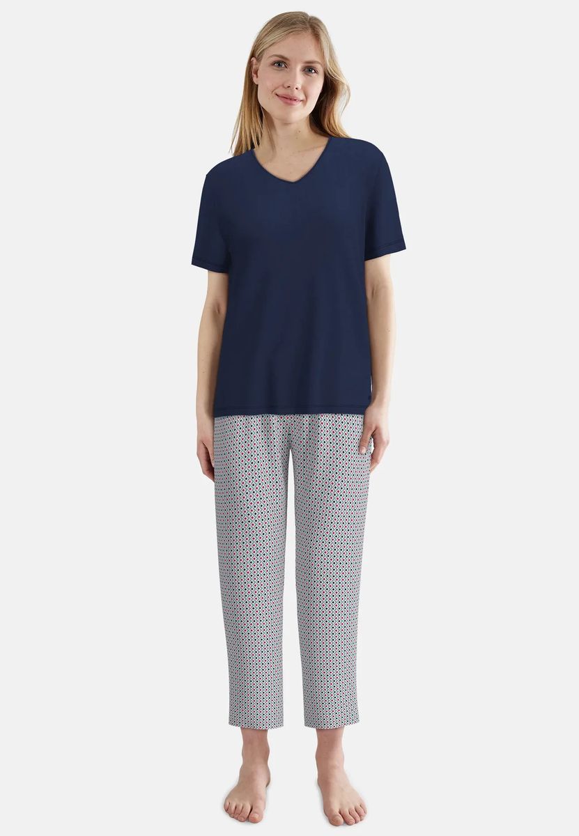 Schlafanzug-Set mit V-Ausschnitt und Muster-Hose