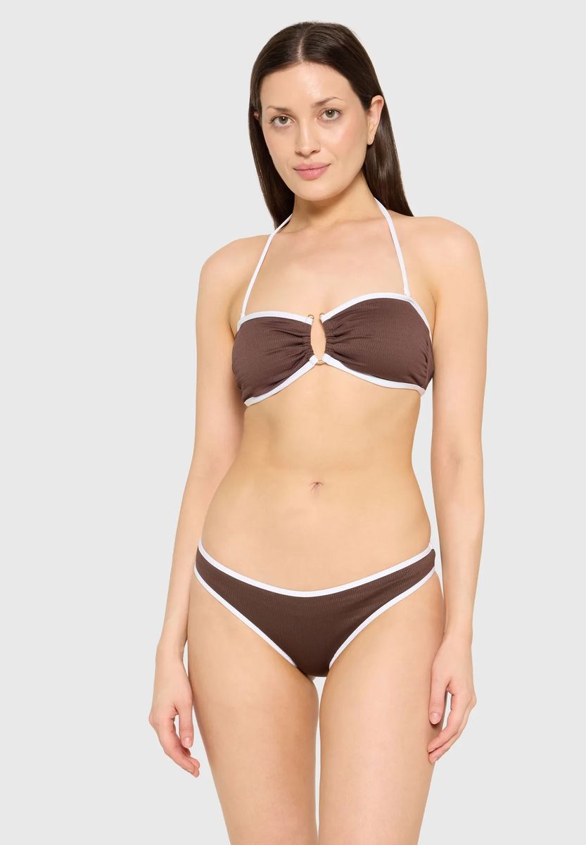 Gerippte Bikini-Hose mit Kontrastpaspel