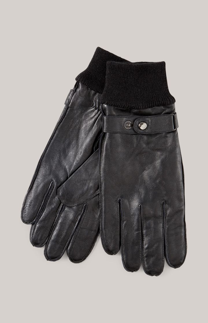 JOOP! Schwarze Lederhandschuhe mit gerippten Bündchen und Schnallendetail