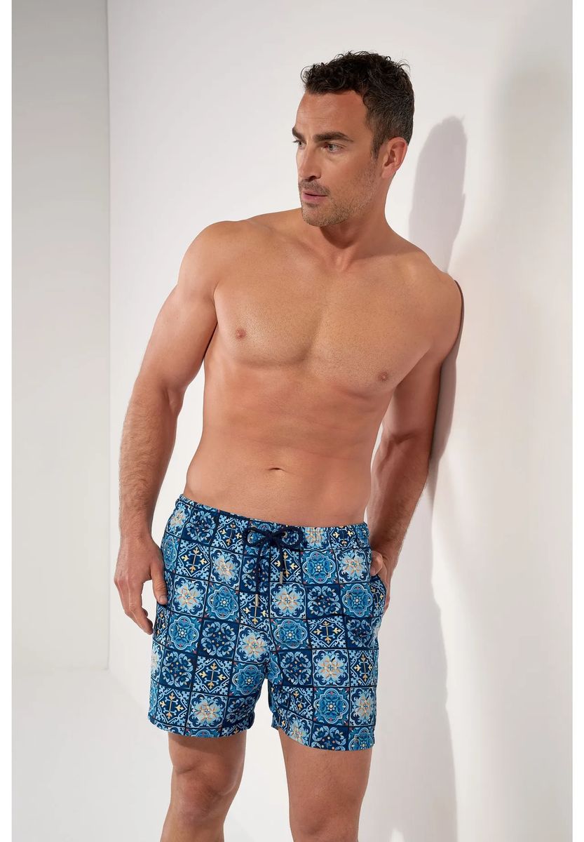 Badeshorts mit Maiolica-Muster und Kordelzug