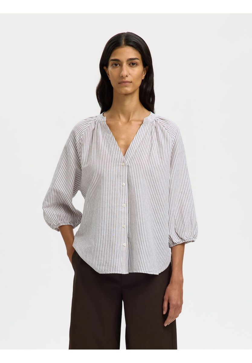 Gestreifte Bluse mit Knopfleiste und Ballonärmeln